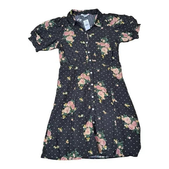American Eagle Women Gray Floral Puff Sleeve Shirt Dress Goth Grunge Fest Sz XS - Picture 3 of 9